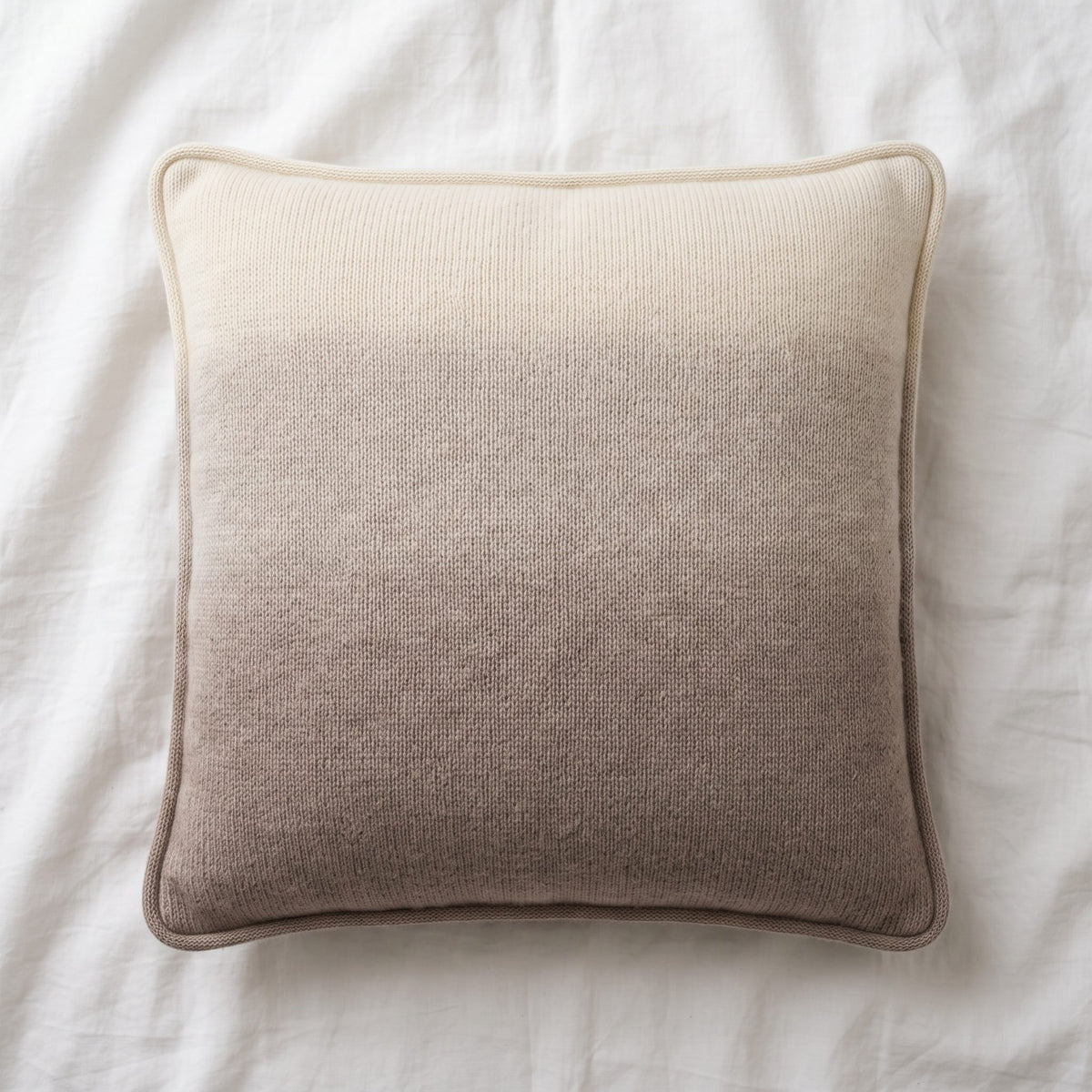 Toast Ombré 100% cashmere pillow cover, laid flat, full gradient
