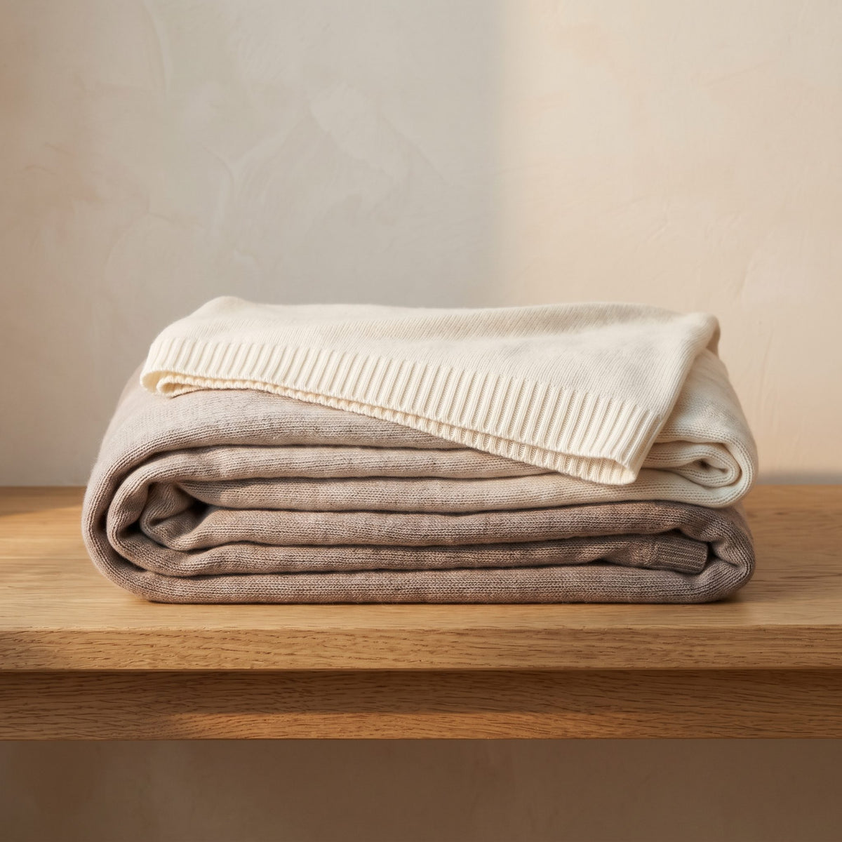 Toast Ombré 100% cashmere throw, folded, showing both ends