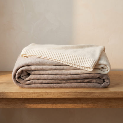 Toast Ombré 100% cashmere throw, folded, showing both ends